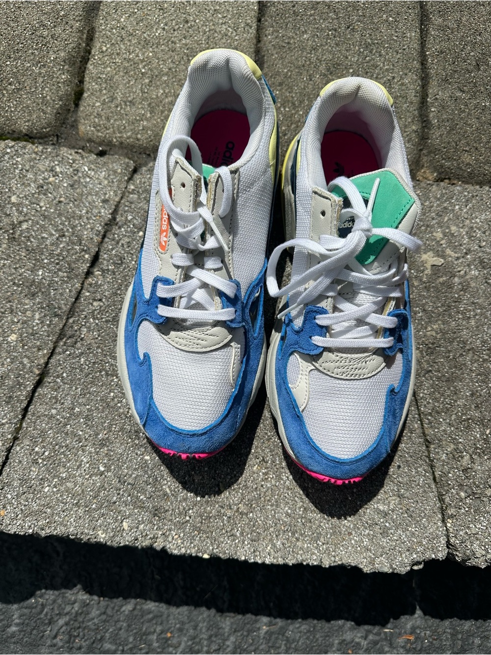 adidas Kids White Sneakers with Blue, Teal, Pink and Yellow Accents